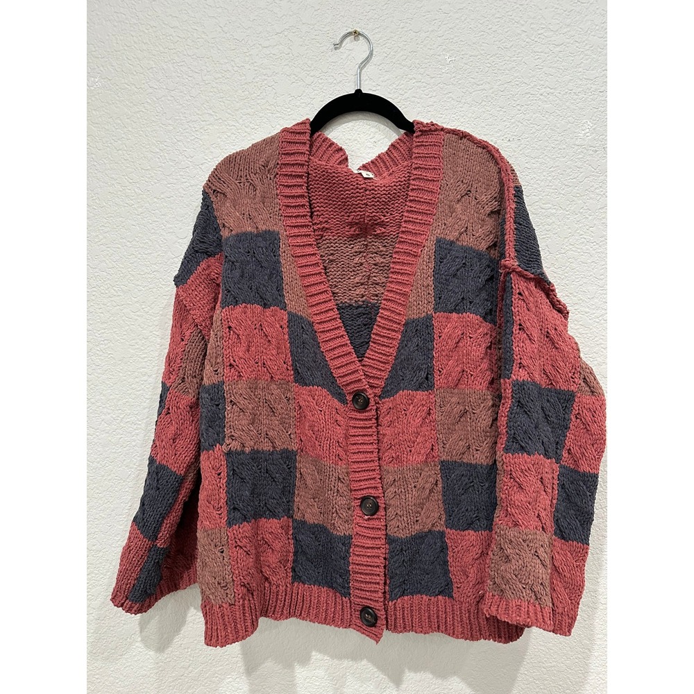 POL Women Colorblock Checkered Cable Knit Cardigan Sweater Rose Grey SMST646‎ S
